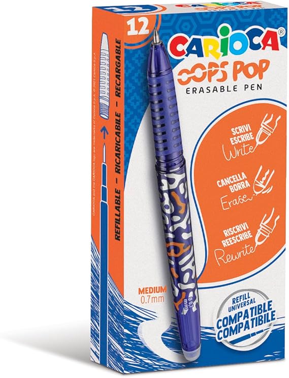 Carioca Oops Pop Erasable Pens Blue - 12 Pcs | Rechargeable Erasable Pens for School and Office with Hood, Double Rubber and Ergonomic Grip, Blue Pens, 12 Pieces