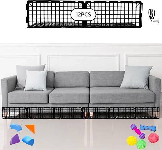 12Pcs Under Couch Blockers for Pets, Adjustable Plastic Under Bed Blockers, Furniture Barriers for Toys Dogs Cats Black