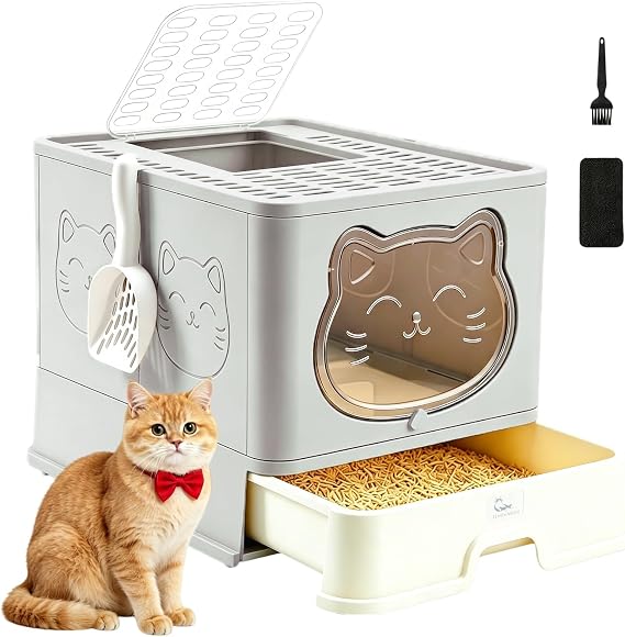 Hooded Fully Enclosed Cat Litter Tray with Drawer, Extra Large Odor Control Indoor Litter Box, Privacy Covered Toilet with Scoop for Cats Under 17.6Ib(8kg) cool gray
