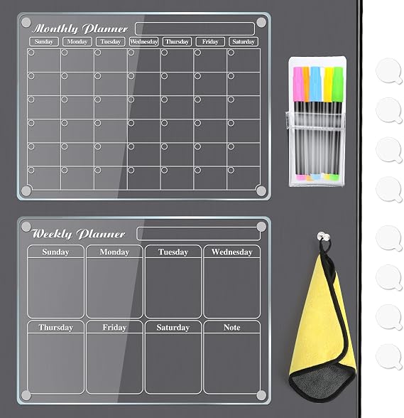 MIKEDE 2 Pack Acrylic Magnetic Calendar for Fridge, 15.2"x11.2" Reusable Dry Erase Magnetic Board with 6 Color Highlight Markers, Monthly and Weekly Planner with Strong Fridge Magnets for Refrigerator