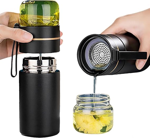 Glass Teapot With Infuser, Travel Tea Mug, Portable Loose Tea Infuser, Tea Cup With Infuser And Lid, Tea Mug With Infuser For Outdoor tea tumbler at Home Glossy Black