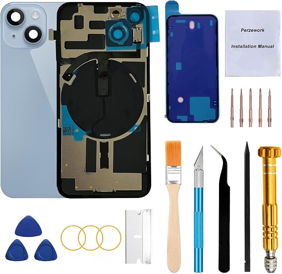Rear Back Glass Replacement for iPhone 14 6.1-inches with Reparing Toolkit and All Necessary Parts (Blue)