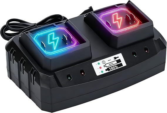 21V Battery Charger Base: Quick Charge Compatible with 21v Lithium-Ion Battery Electric Tools, Outdoor Garden Tools (Black 1 Port) (Dual-Bay Charger) | Dual-port charging for select 21V batteries compatible with Makita tools, with separate red and green LED indicators