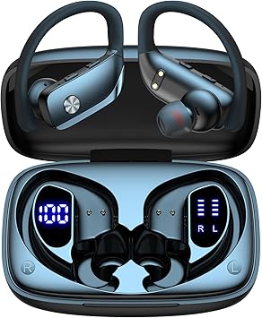 bmani Ear Buds Wireless Earbuds Bluetooth Headphones with 80H Playtime LED Display Case, Over-Ear Hook with Mic, Stereo Sound, Easy Button Controls, Sports Earphones for Running Workout Gym Black