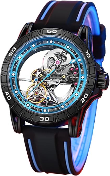 FORSINING Men'S Skeleton Self-Wind Mechanical Watch, Gear Hollow Tourbillon Automatic Watches, Luminous Pointer Scale Silicone Strap Wristwatch, Available In 5 Colors: Red Orange Yellow Blue And Black