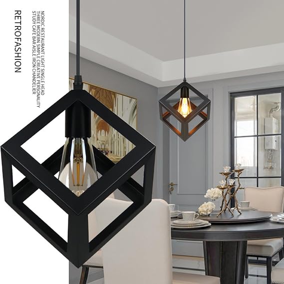 E27 Black Iron Pendant Lighting, Geometric Modern Square Hanging Light Ceiling Fixture for Kitchen Island, Foyer, Hallway, Bedroom and Entryway