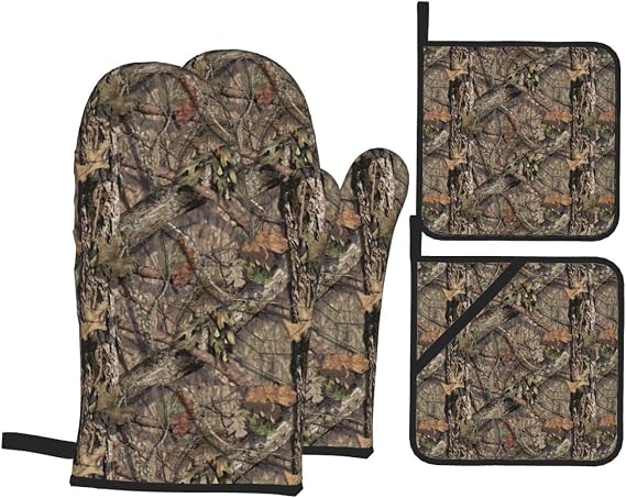 Camo Camouflage Forest Oven Mitts and Pot Holders Set of 4, Oven Mittens and Potholders Heat Resistant Gloves for Kitchen Cooking Baking Grilling BBQ