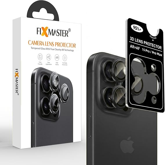 Fixmaster iphone 15 Pro - 15 Pro Max Uyumlu Kamera Lens Koruyucu, Siyah Titanyum, Orijinal Rengiyle Kusursuz Uyum, Darbe Emici, 9H Temperli Cam, Kolay Kurulum, Anti-Reflection Kaplama, Metal Çerçeve