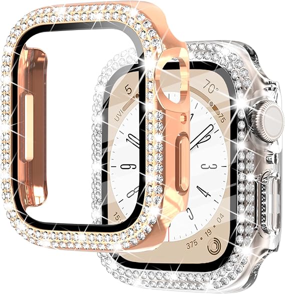 NewWays 2-Pack for Apple Watch Bling Cases Screen Protector 42mm Series 3 2 1, Bling Crystal Diamonds Rhinestone Bumper Hard PC Thin Protective Cover for iWatch, Rose Gold/Clear