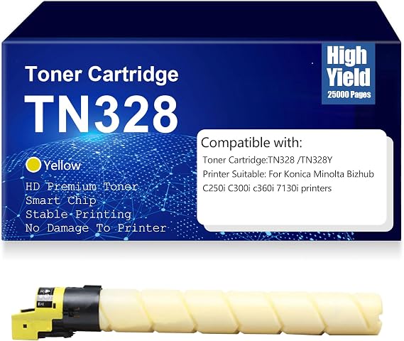 Compatible TN328 Toner Cartridges Replacement for Konica Minolta TN328K TN328C TN328M TN328Y Toner Cartridge for Konica Minolta Bizhub C250i C300i c360i C7130i Toner,Yellow-TN328