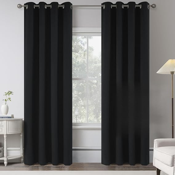KEQIAOSUOCAI Black 100% Blackout Linen Curtains 90 Inches Long 2 Panels for Bedroom,Modern Farmhouse Full Black Out Room Darkening Thermal Insulated Window Curtain Panels W50 x L90 Inch Length