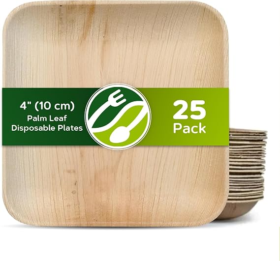 ECO Leaf 25 Disposable Square Palm Leaf Plates, 4" (10cm) – Eco-Friendly, Biodegradable, Compostable, Heavy-Duty Bamboo Plates for Desserts, Snacks, Weddings, Picnics, Oven Safe