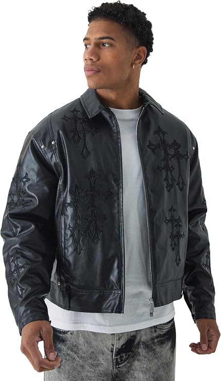 Cross Applique PU Bomber Jacket In Black