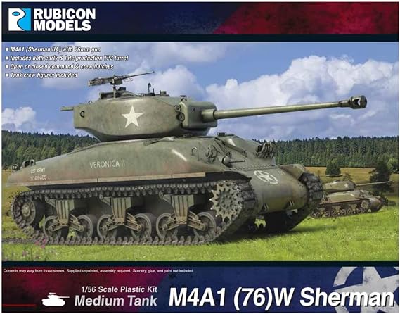 Rubicon Models M4A1(76)W Sherman LH 1/56 Scale Unpainted Plastic Model Kit, Includes Both Early & Late Production T23 Turret and Tank Crew Figures, Not Foldable, Suitable for Teens and Adults
