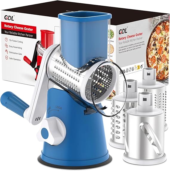 GDL Cheese Grater Rotary, Vegetable Slicer, Grater Kitchen Fast Cutting for Time Saving, Rotary Grater Suitable for Vegetable, Fruit, Nut, etc. with 3 Interchangeable Drum Blades, Blue
