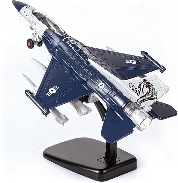 Diecast Airplane Toy with Flashing Lights & Sounds, Pull Back Fighter Plane
