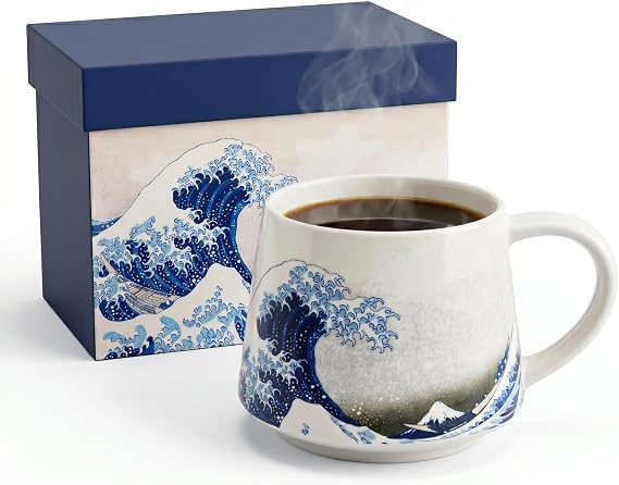 Topadorn 12oz Ceramic Coffee Mug with Handle, Great Wave Porcelain Tea Cup