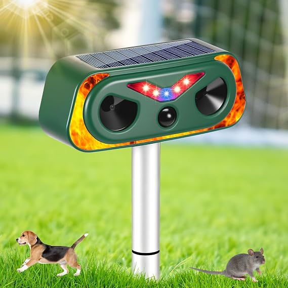 Cat Deterrent, Fox Deterrents for Gardens UK, Solar Powered Ultrasonic Cat Repellent with Pir Motion Sensor & LED Flame Lights, Ip66 Waterproof, Effective for Squirrels, Dogs Foxes Birds