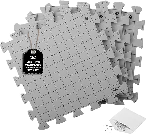 Mr. Pen- Interlocking Blocking Mats, 12 x 12, 4 Pack with 50 T-Pins | For Knitting & Crochet Projects, Foam Board Design, Includes Pins for Yarn Craft Blocking