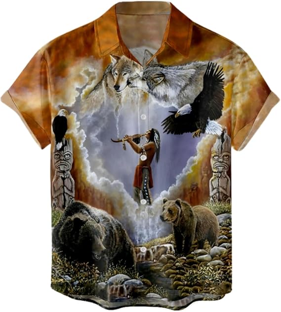 SIAOMA Men's Native American Indian Shirt Short Sleeve Button Down T-Shirt Tops