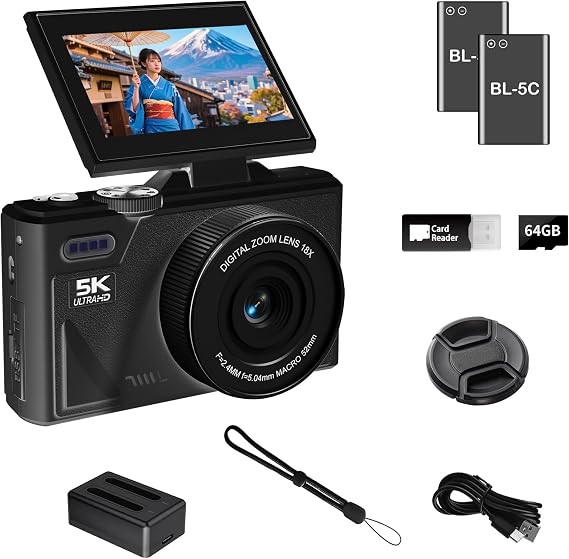 5K Digital Camera with WiFi, 75 Million Pixels, Auto Focus, 3-Inch 180° Rotating Screen, Vlog Camera, 18x Digital Zoom, Lightweight Compact Camera, Includes 64GB SD Card and 2 Lithium-Ion Batteries