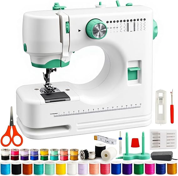 Sewing Machine for Kids Beginners,36Pcs Thread and Needles Set,Portable Electric Sewing Machine, 12 Built-in Stitches,Foot Pedal Control for DIY Crafts, Mending & Home Projects,White& Green