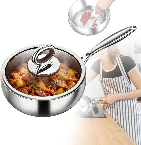 Titanium Skillet with Lid Upgrade Non Stick Pans Scratch-Resistant Even Heating Frying Pans All Cooktops Titanium Hammered Pan Pro for Cooking EnthusiastsSilver,10.2 in