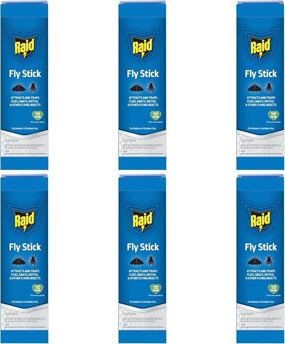 Raid Fly Stick Flying Insect Trap for Indoor/Outdoor Use, 6 Pack, Over 150 Insects Per Stick, Fly Sticky Trap for Flies, Gnats & Moths, Lasts Up to 3 Months, People & Pet Friendly, Hang or Place