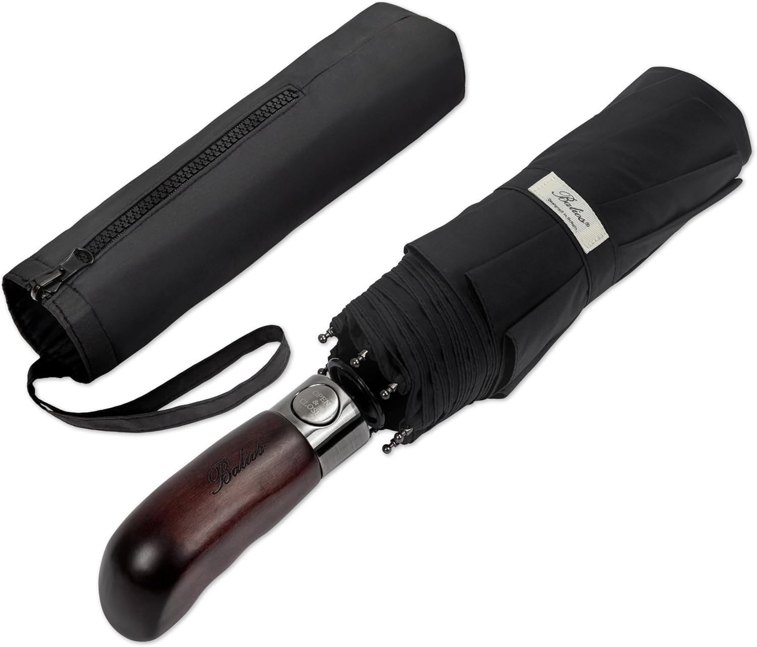 balios umbrella with real wooden handle optional automatic open and close storm-resistant and wind-proof folding umbrella for men and women black designed in britain. black auto with real wood handle