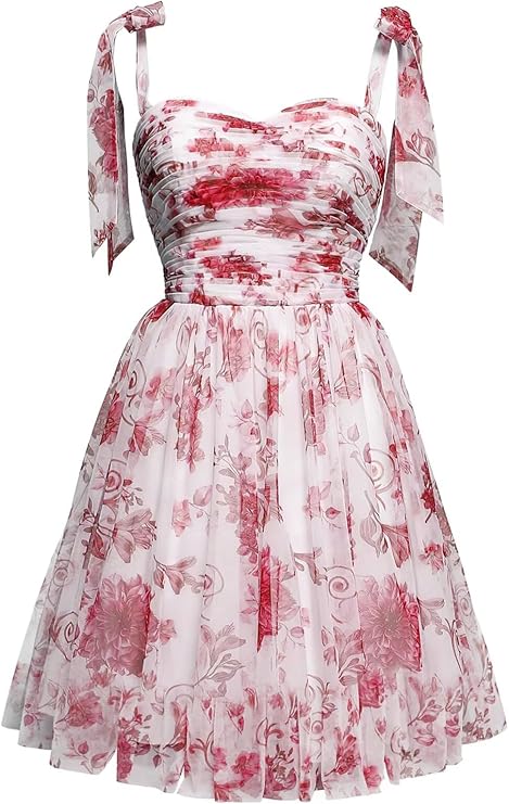 Basgute Floral Print Tulle Short Homecoming Dresses for Teens 2025 Spaghetti Straps Formal Prom Party Gown