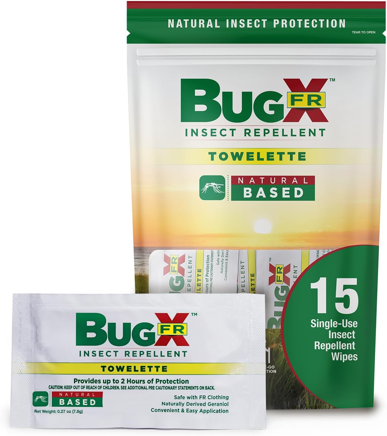 CoreTex Bug X FR DEET-Free Insect Repellent Wipes with Resealable Travel Bag - Pack of 15 Single-Use, Naturally Derived Geranium Oil Bug Wipes - Protects Against Flies, Fleas & Mosquitoes