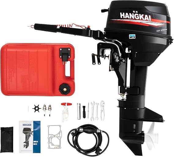 HANGKAI 12HP 169CC Outboard Motor, 2-Stroke Heavy Duty Fishing Boat Engine Water Cooling Gas Powered Marine Engine with CDI Ignition System for Inflatable Boats, Boats (Short Shaft)