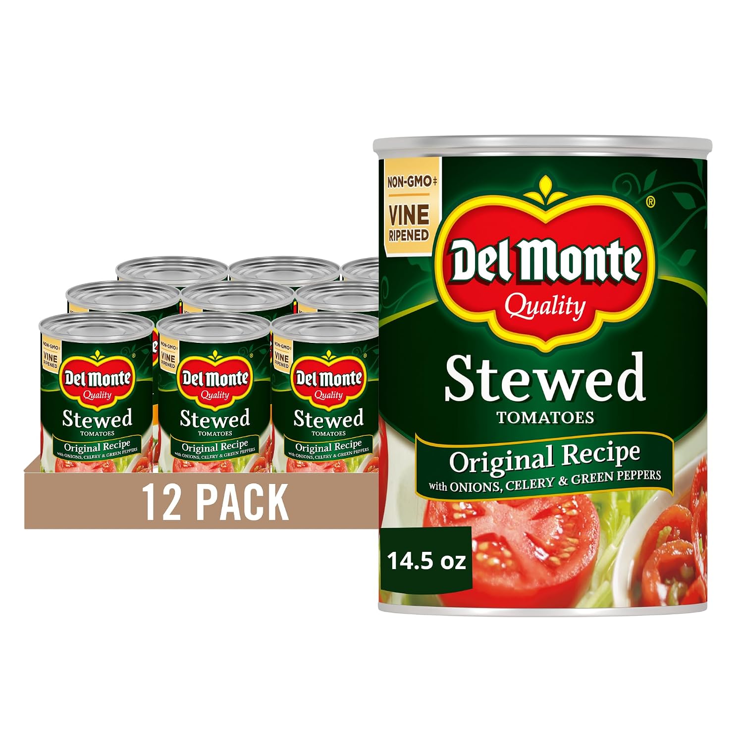 Del Monte Canned Stewed Tomatoes with Onions, Celery & Green Peppers, 14.5 oz, Pack of 12 Cans