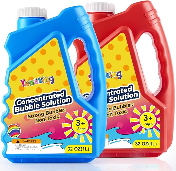 Yunaking Bubble Solution Concentrate 64oz, Makes 5 Gallons Non-Toxic Refill | Red+Blue Bottle, Safe Bubble Liquid for Bubble Machine, Gun, Wand, Mower, Giant Bubble Toys for Party Outdoor Easter Wedding