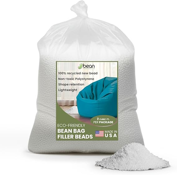 Bean Products Bean Bag Refill Beads - 100% Recycled NEW Polystyrene Filler Beads for Lasting Support - Poly Fill Beans - Versatile Filling for DIY Projects - Made in USA - 2 Cubic ft.