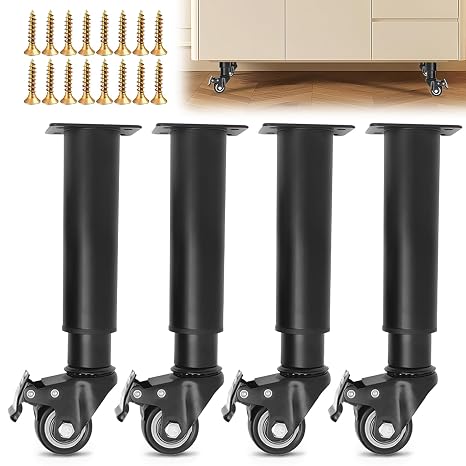 Set of 4 Table Legs, Height Adjustable with Brake Wheels, Furniture Feet, Height Adjustable with 360° Rotating Wheels, 24.5-36 cm Furniture Foot, Adjustable, Furniture Legs for Cabinet, Bed
