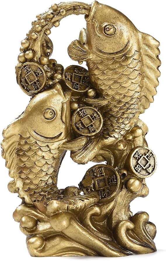 BRABUD Resin Money Fish with Waves Statue, Feng Shui Wealth Carp Figurine | Gold Resin Double Koi Fish Statue, Attract Good Fortune Lucky, Home Office Tabletop Shop Decoration, Collectible Gift