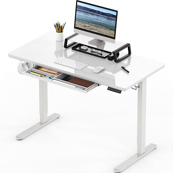 SHW 48x24 Glass Electric Height Adjustable Standing Desk Motorized Sit Stand Desk with Monitor Riser, Pull-Out Drawer, Memory Presets, White