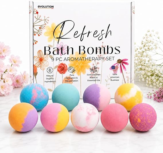 EvolutionUSA 9 Refresh Bath Bombs for Women Fun Bath Bombs Mini Sized, Fun Womens Gift for Mothers Day, Easter, Valentines, Birthday or Self Care, Organic Bathbombs Kids & Women, Bath Fun