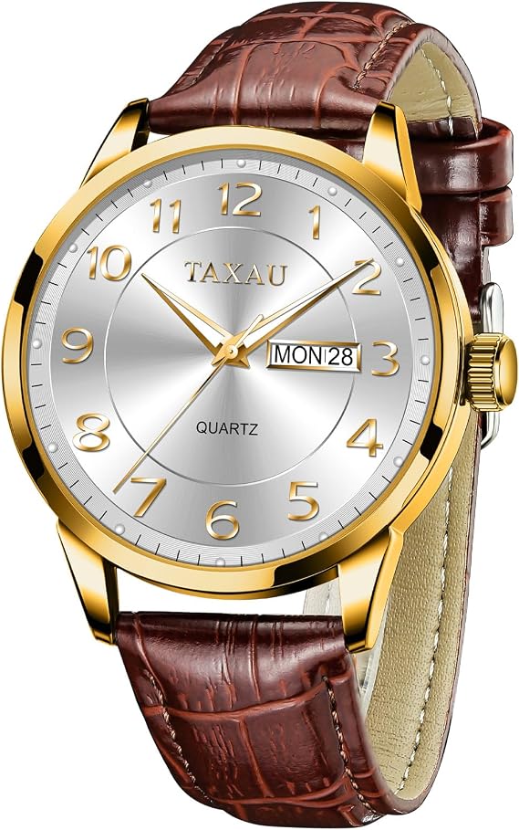 Taxau Men's Watch Leather Men's Watch Leather Strap Watches Men's Large Dial Day Date Men's Watch Waterproof Watch Casual Business Watch for Men