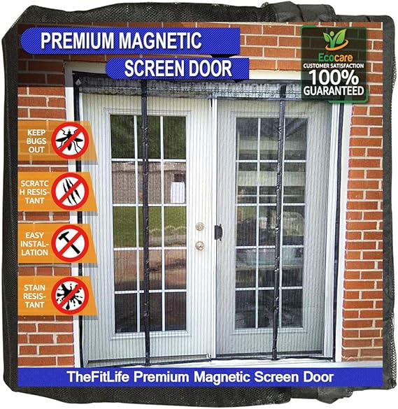 TheFitLife Double Door Magnetic Screen, Heavy Duty Mesh Bug Curtain | 62"x81" - Fits Doors up to 60"x80" Max, Black, with Full Frame Hook & Loop Powerful Magnets, Pet & Kid Friendly, Hands Free