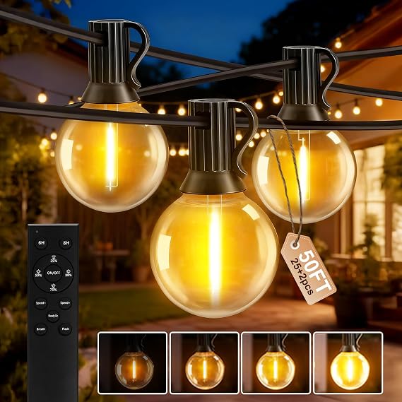Outdoor String Lights, 50FT/15m 25+2 LED G40 Bulbs Garden Lights Mains Powered with Remote Control Dimmable Timer, Waterproof Festoon Light for Balcony Gazebo Patio Pergola [Energy Class F]