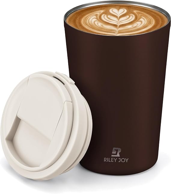 13oz Insulated Travel Coffee Mug, Hot & Iced Coffee Cups with Lids, Brown