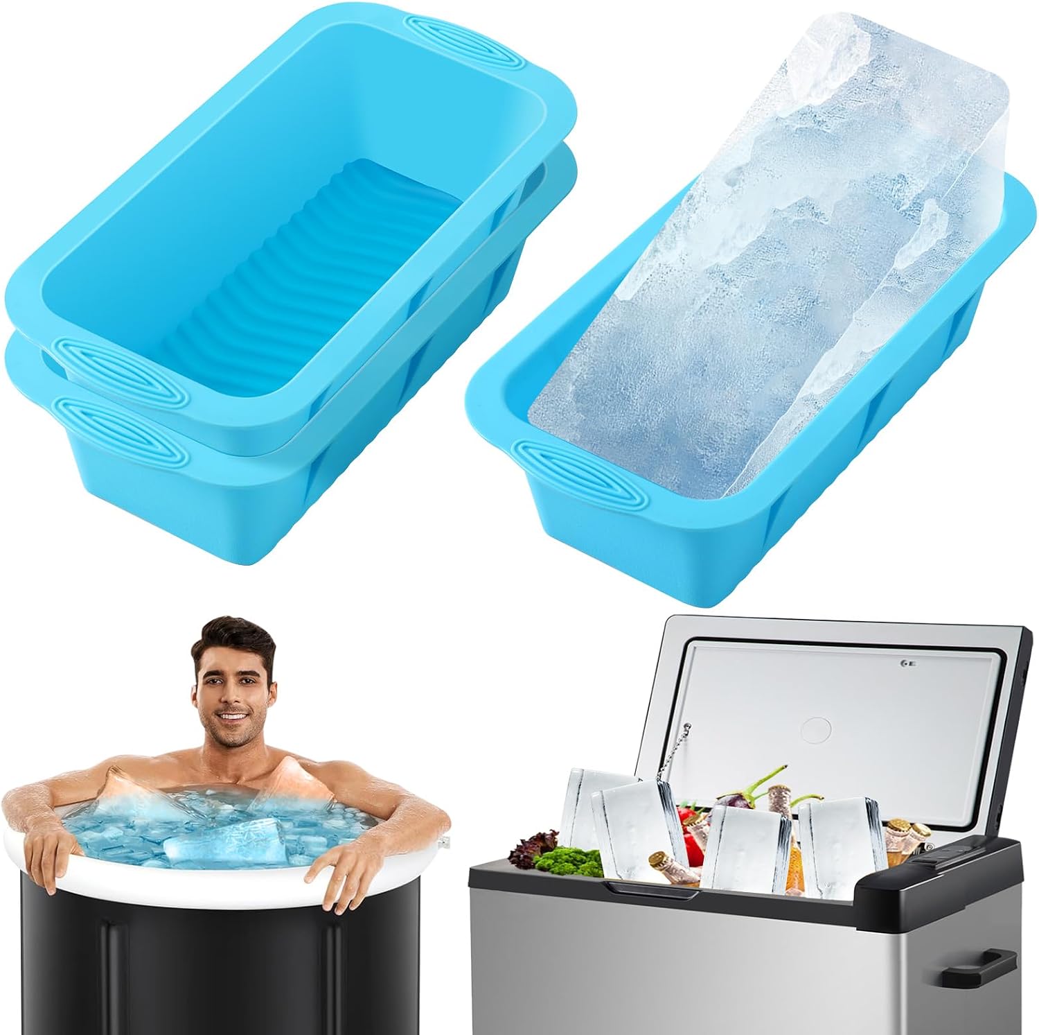 JULBEAR Extra Large Ice Block Molds, 3Pack Silicone Ice Molds for Ice Baths Reusable Large Ice Cube Molds for Coolers &Ice Bath Tub Cold Plunge Water Chiller Accessories