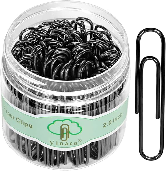 Vinaco Black Large Paper Clips, 100 Pcs 2", Rust Resistant for Office Use