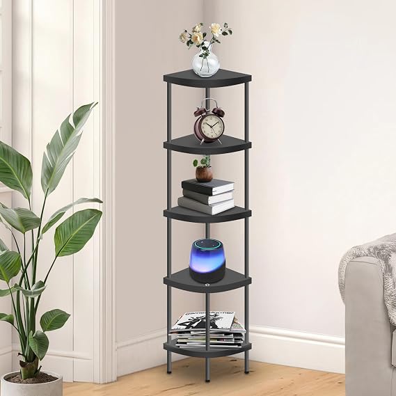 Qupui 5 Tier Plastic Corner Shelf Stand, 54 Tall 90 Right Angle Corner Bookshelf, Multipurpose Plant Display Rack, Home Organizer Shelves for Bedroom Living Room Office Balcony, Black