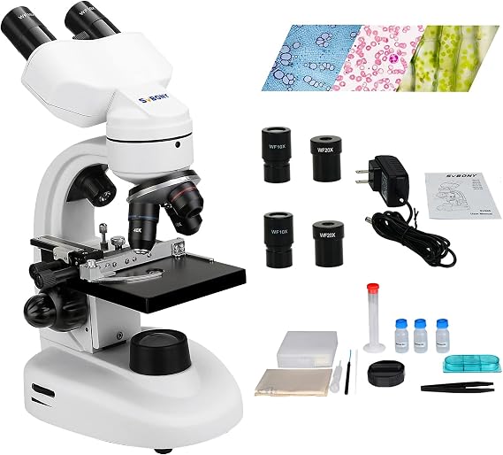 SVBONY SV605 Binocular Compound Microscope for Students, 80X-1600X,Two-Layer Mechanical Stage Microscope for Beginner, Dual LED Illumination, Kit for Adults Home Education School Lab