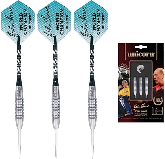 UNICORN Steel Tip Darts | John Lowe World Champion Purist Player Development Lab | 90% Natural & Golden Tungsten Barrels | 21g, 23g, 25g or 27g