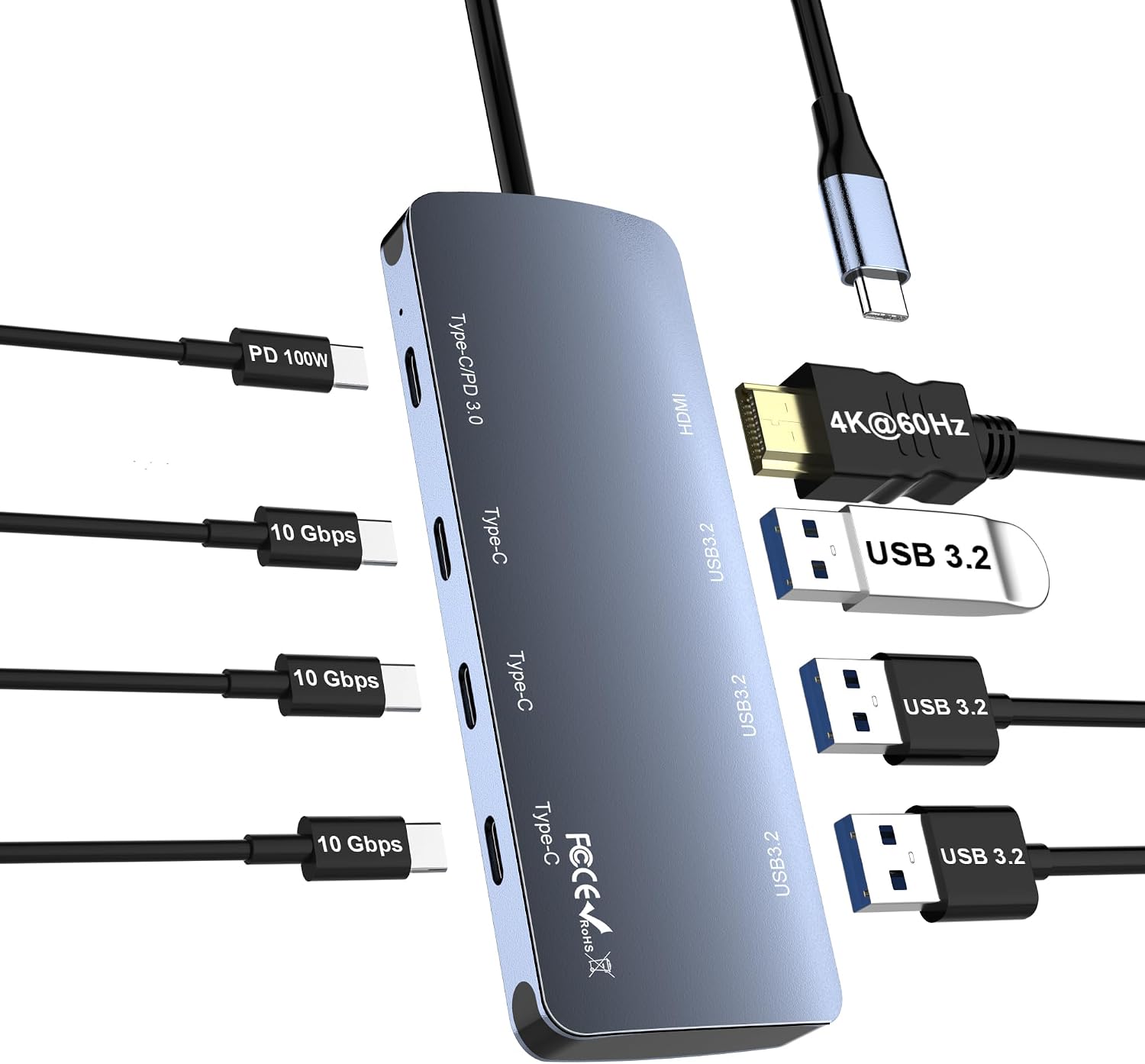 8-in-1 USB C Hub 10Gbps Laptop Docking Station, Type C Hub with 4K@60Hz HDMI, 3 USB-C 3.2 Gen2, 3 USB 3.2 Ports, 100W PD with 10Gbps Data Compatible with MacBook ProAir and More Type C Devices