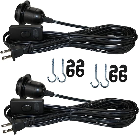 15 Feet Hanging Light Cord E26 / E27 Light Bulb Socket to 2-Prong US AC Power Cord with On/Off Switch (2, Black-2 Pack)